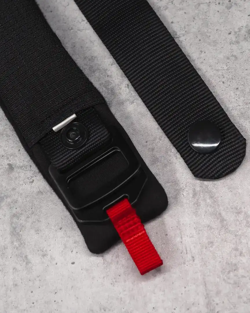 A traditional double D-ring chin strap fastener