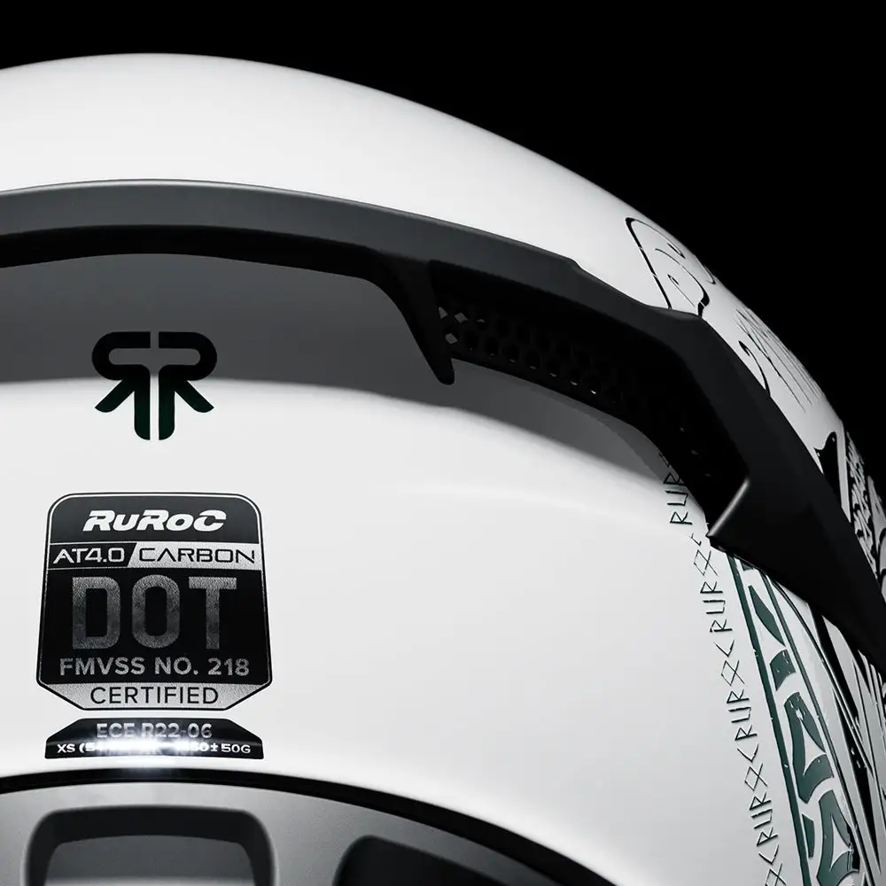 DOT and ECE certification markings on the Ruroc AT4.0 Carbon Fenrir