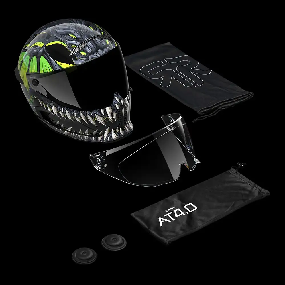 AT4.0 Carbon Cthulhu box contents: tinted visor & clear visor & sound dampening ear pads & helmet bag