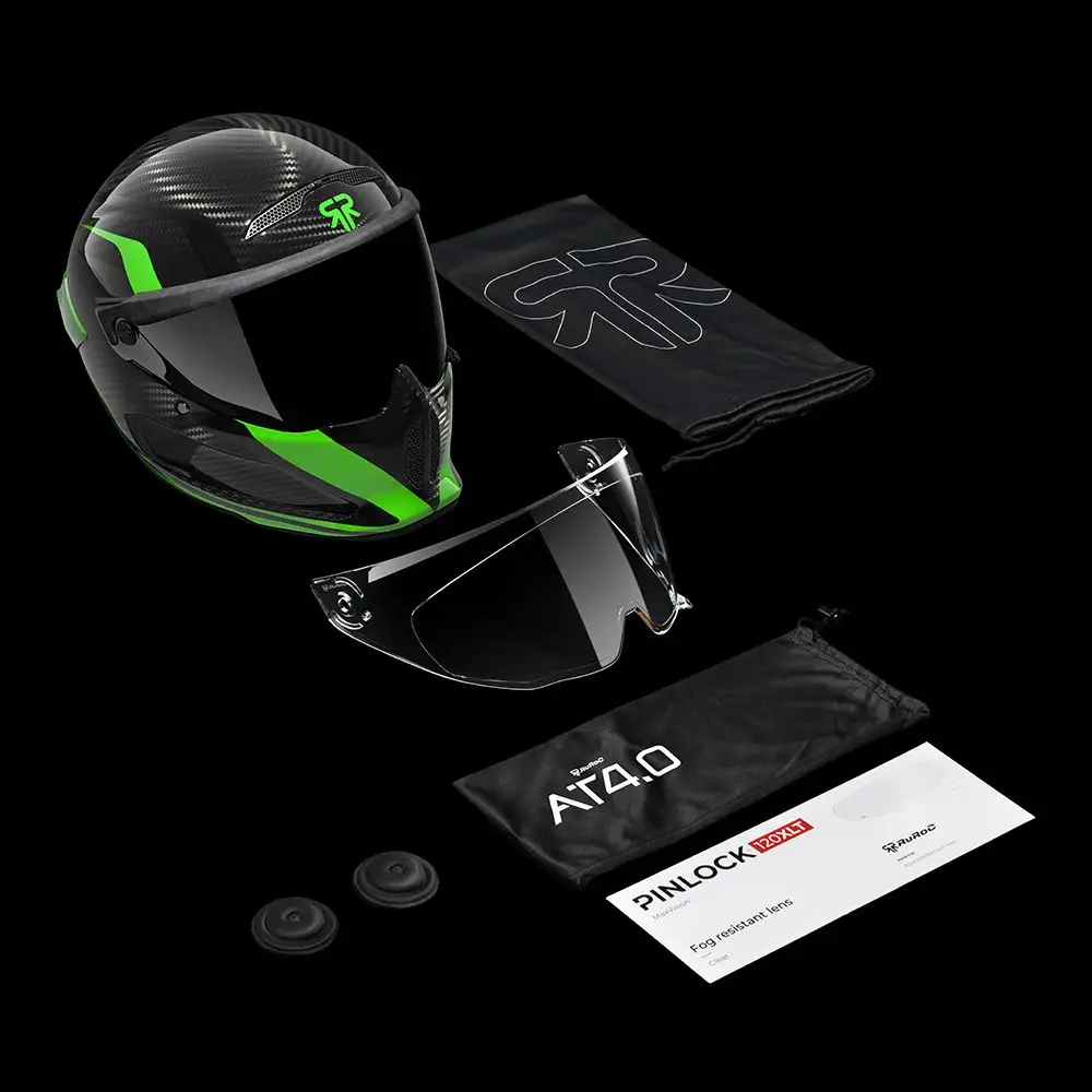 AT4.0 Track Verde box contents: tinted visor & clear visor & sound dampening ear pads & helmet bag